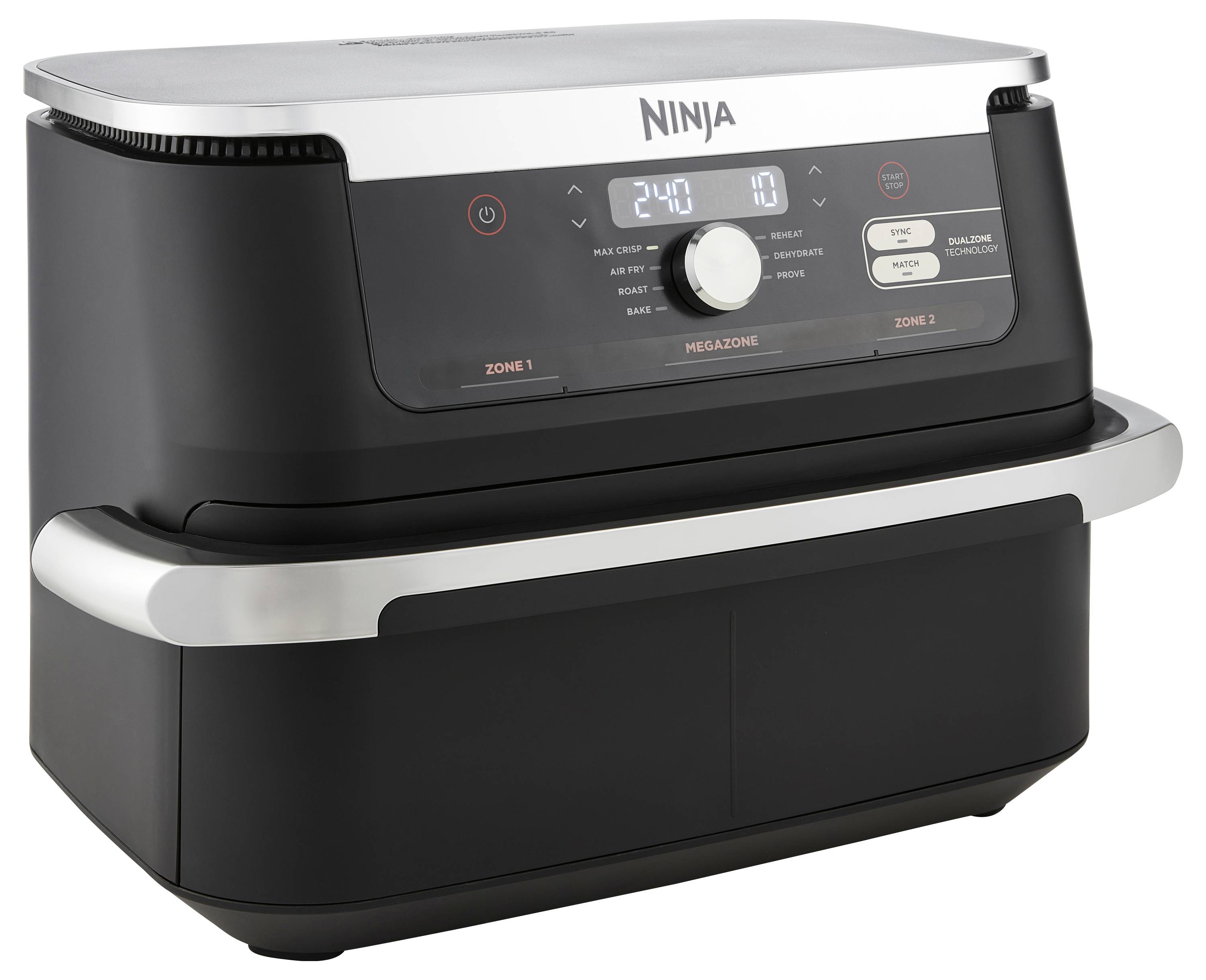 Luftfritteuse mit Digitalanzeige und zwei Zonen, jeweils mit Temperatur- und Zeiteinstellungen. Marke: Ninja.