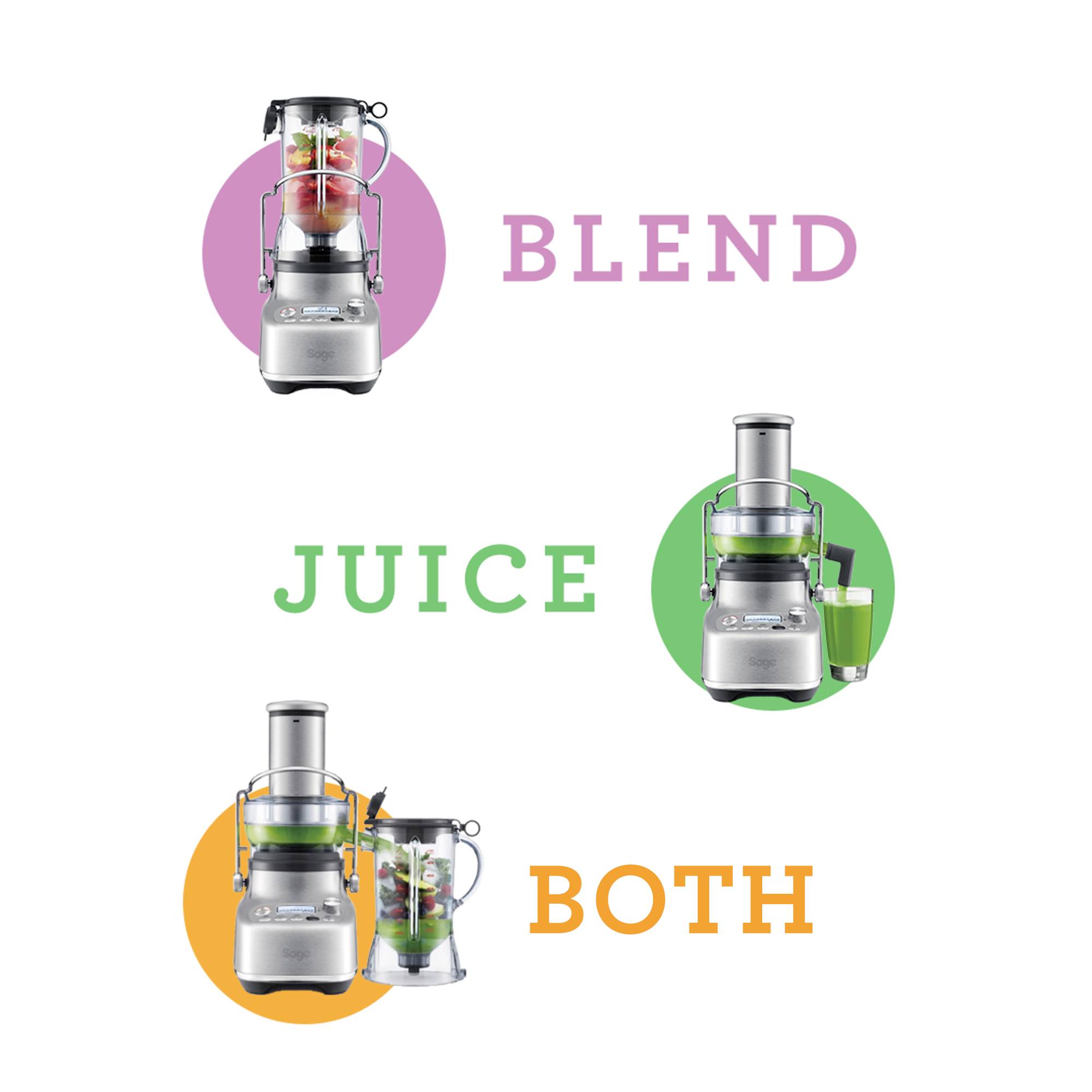 'Drei silberne Küchengeräte: Oben ein Mixer mit Text 'BLEND', in der Mitte ein Entsafter mit Text 'JUICE', unten beide Geräte mit Text 'BOTH'.'