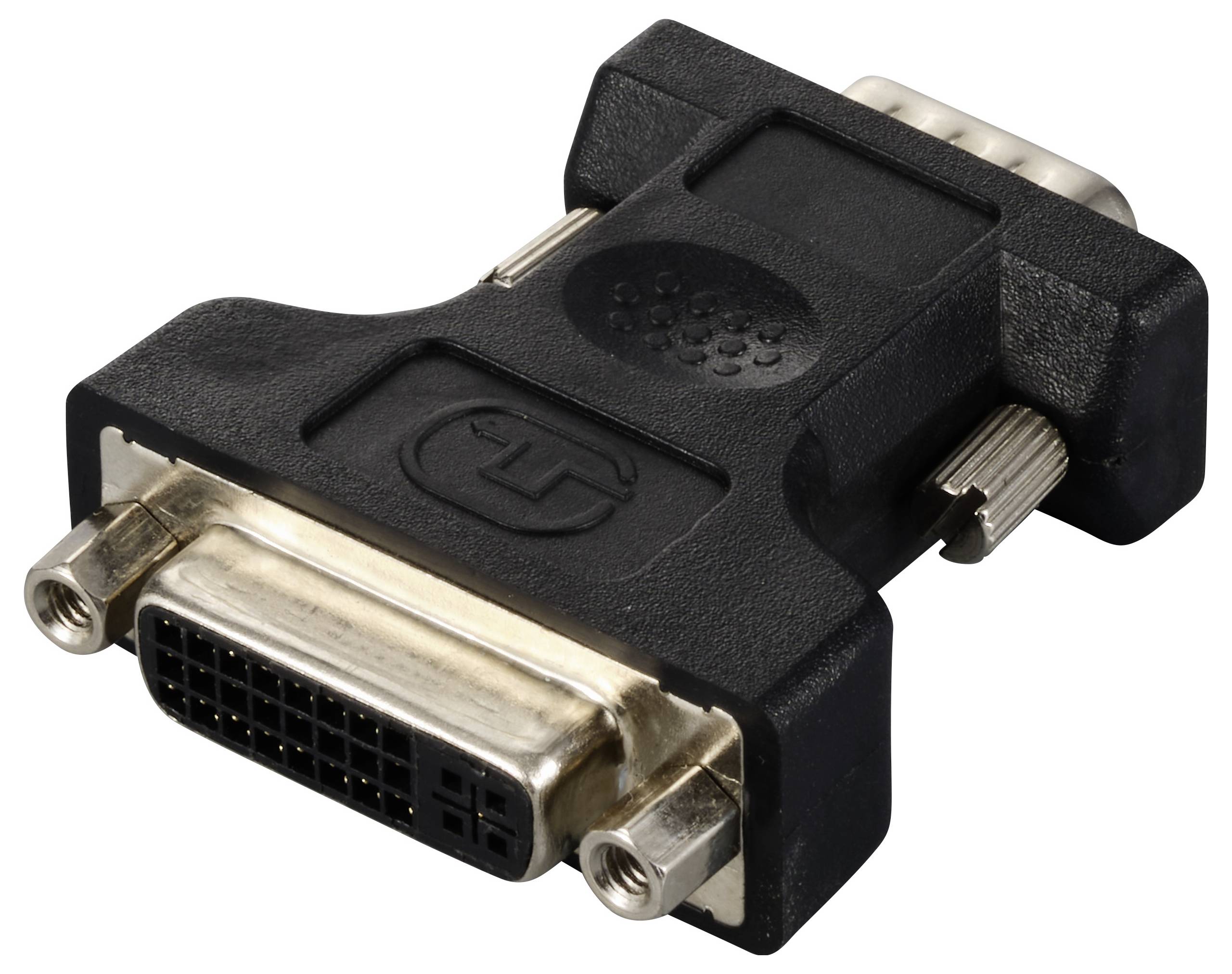DVI-zu-VGA-Adapter, schwarzes Kunststoffgehäuse, ermöglicht Verbindung zwischen DVI-Ausgang und VGA-Eingang bei Bildschirmen.