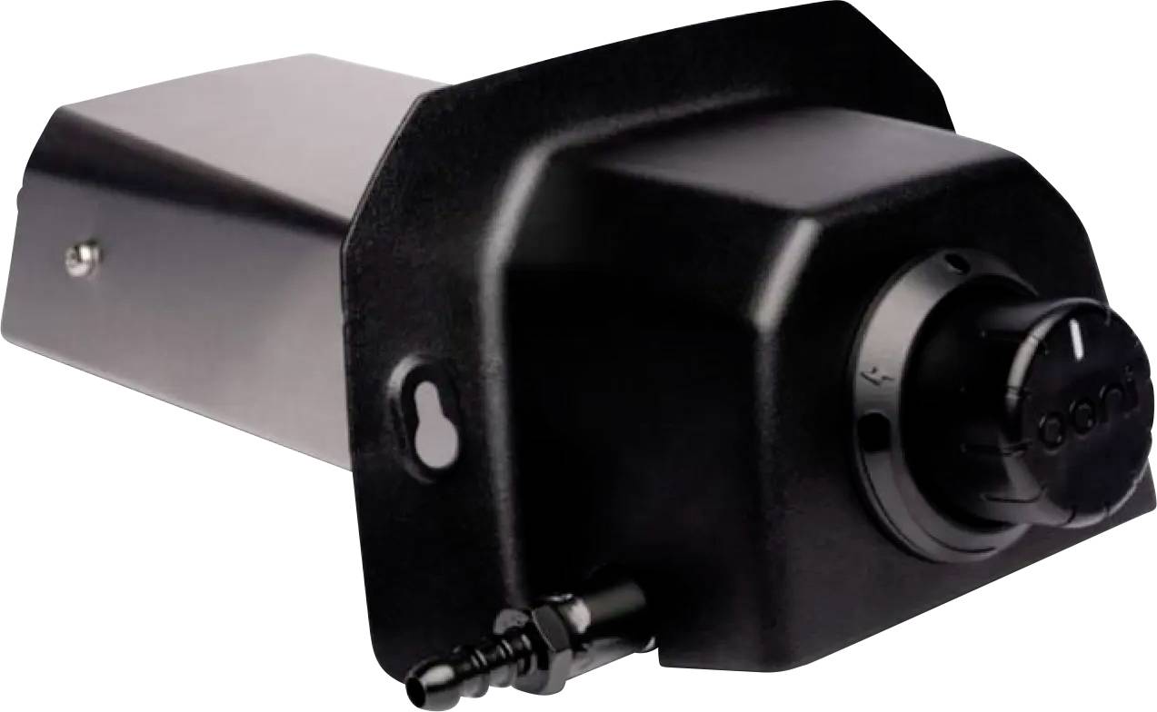 Ein schwarzes elektronisches Bauteil in rechteckiger Form mit einem runden Drehknopf und einem kleinen Anschluss, zur Steuerung verwendet.