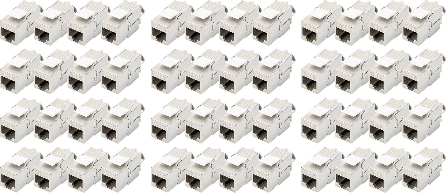 Ein Satz von weißen RJ45-Netzwerkbuchsen in einer Anordnung mit jeweils fünf Reihen à sechs Buchsen, für Netzwerkverkabelung geeignet.