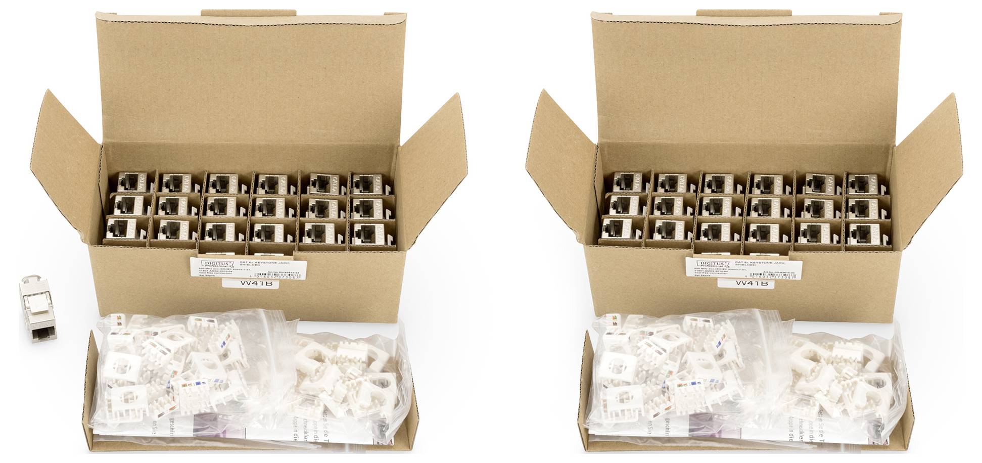 Offene Kartons, die jeweils mehrere Schlüssel und Schalter für mechanische Tastaturen enthalten. Ein Schalter liegt außerhalb.