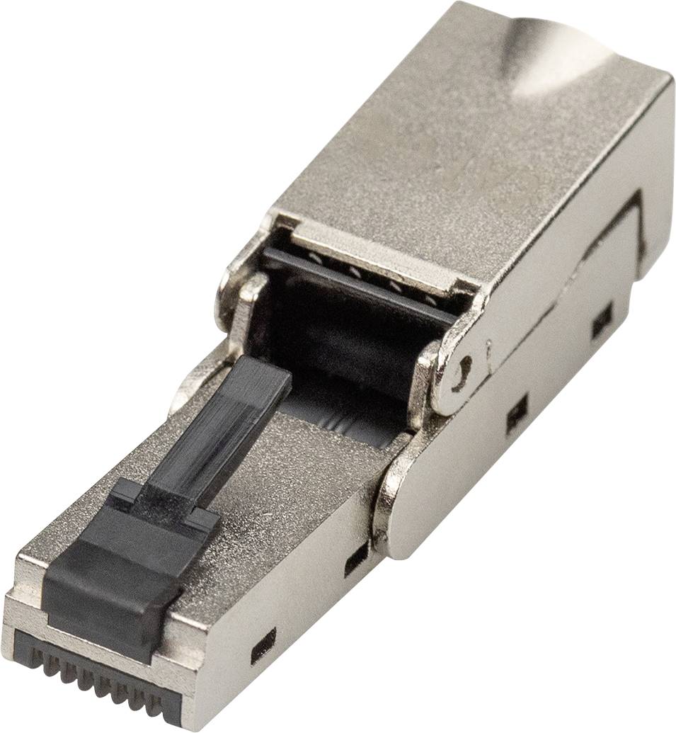 Metallischer RJ45-Stecker mit schwarzem Clip. Verwendet für Netzwerkkabelverbindungen.
