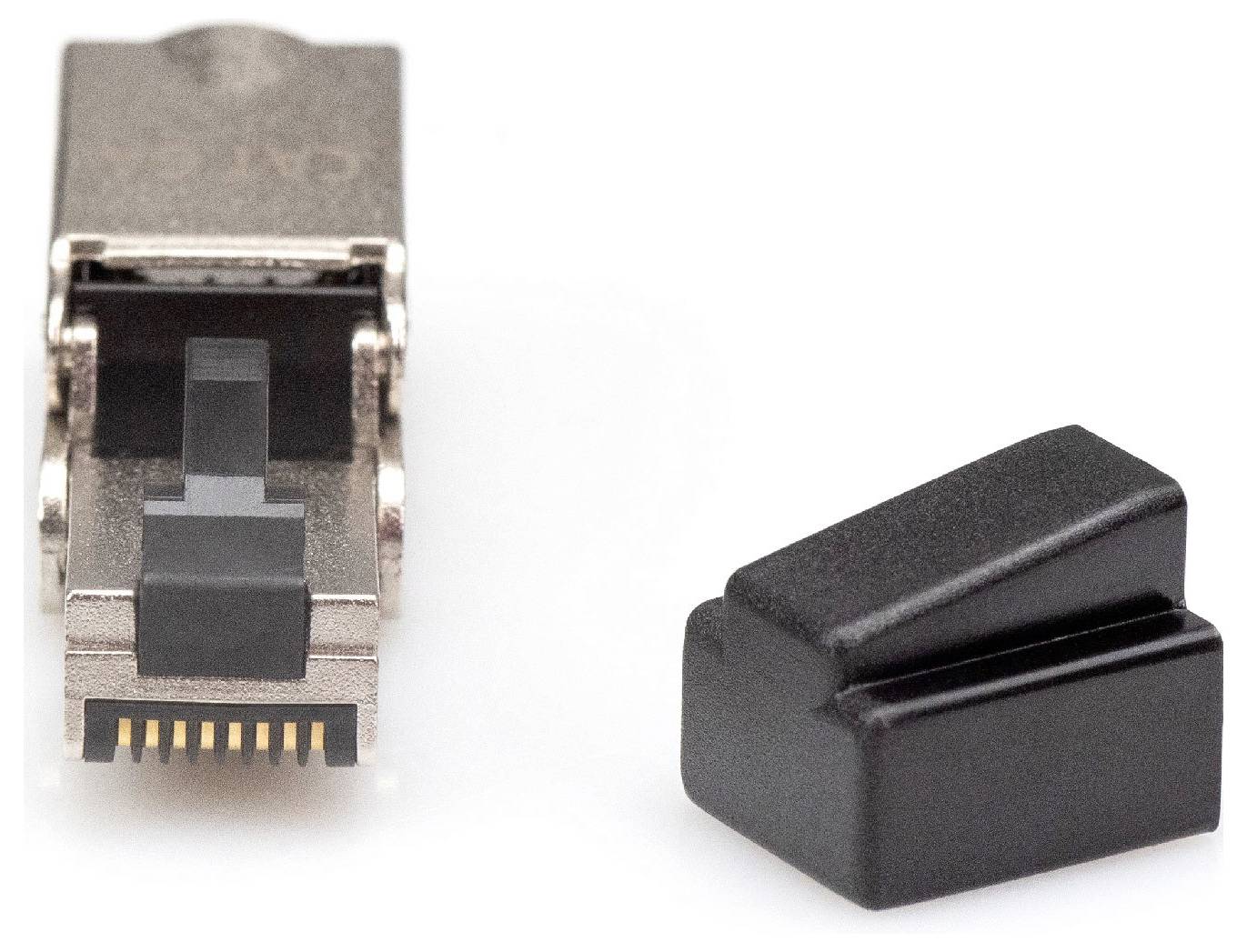 Ein Metall-Stecker mit schwarzen Plastikabdeckungen, typischerweise für Netzwerkkabel verwendet, neben einer abgenommenen Kunststoffkappe.