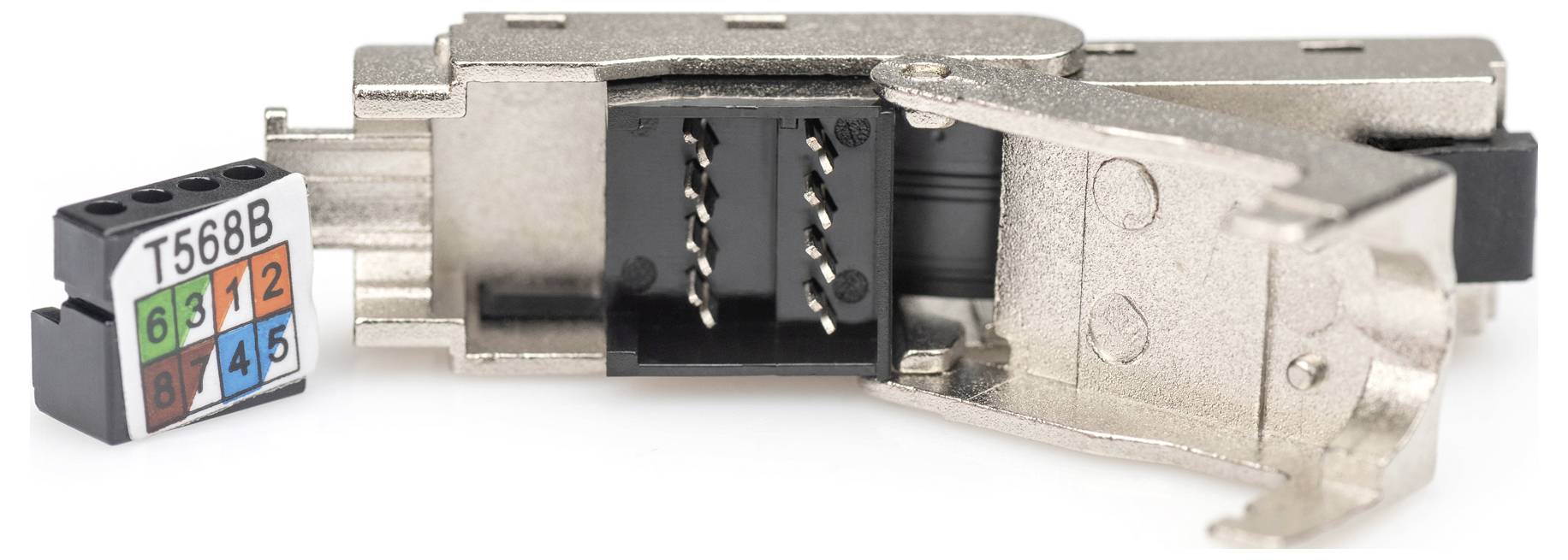 Ein modularer RJ45-Stecker mit geöffnetem Metallgehäuse und einem Farbcodierungsschlüssel für T568B-Verkabelung liegt davor.