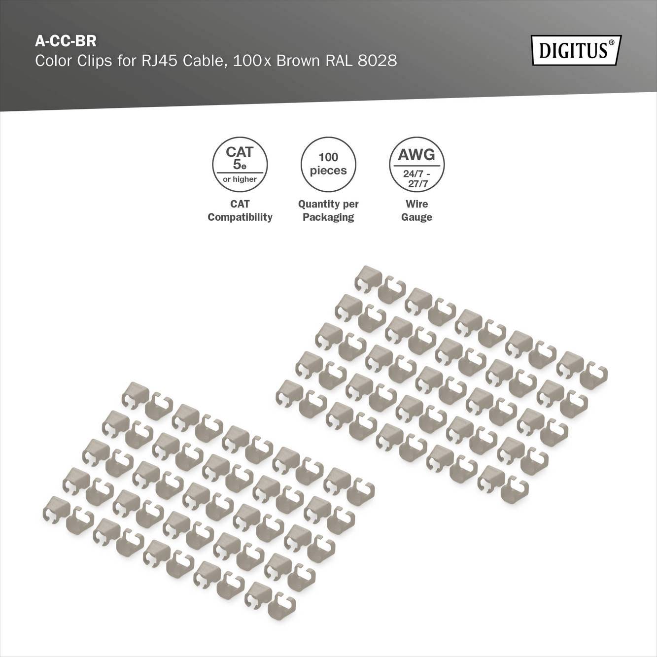 100 Kabelclips für RJ45, braun, 5e-Kategorie oder höher, AWG 24/1–27/7. Enthält 100 Stück pro Verpackung. Farbe: RAL 8028.
