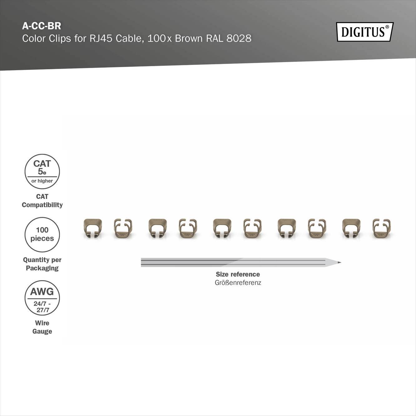 Color Clips for RJ45 Cable, 100 Stück, Braun RAL 8028. Für Kabeldurchmesser AWG 24/7 - 22/2. Menge pro Verpackung: 100 Stück.