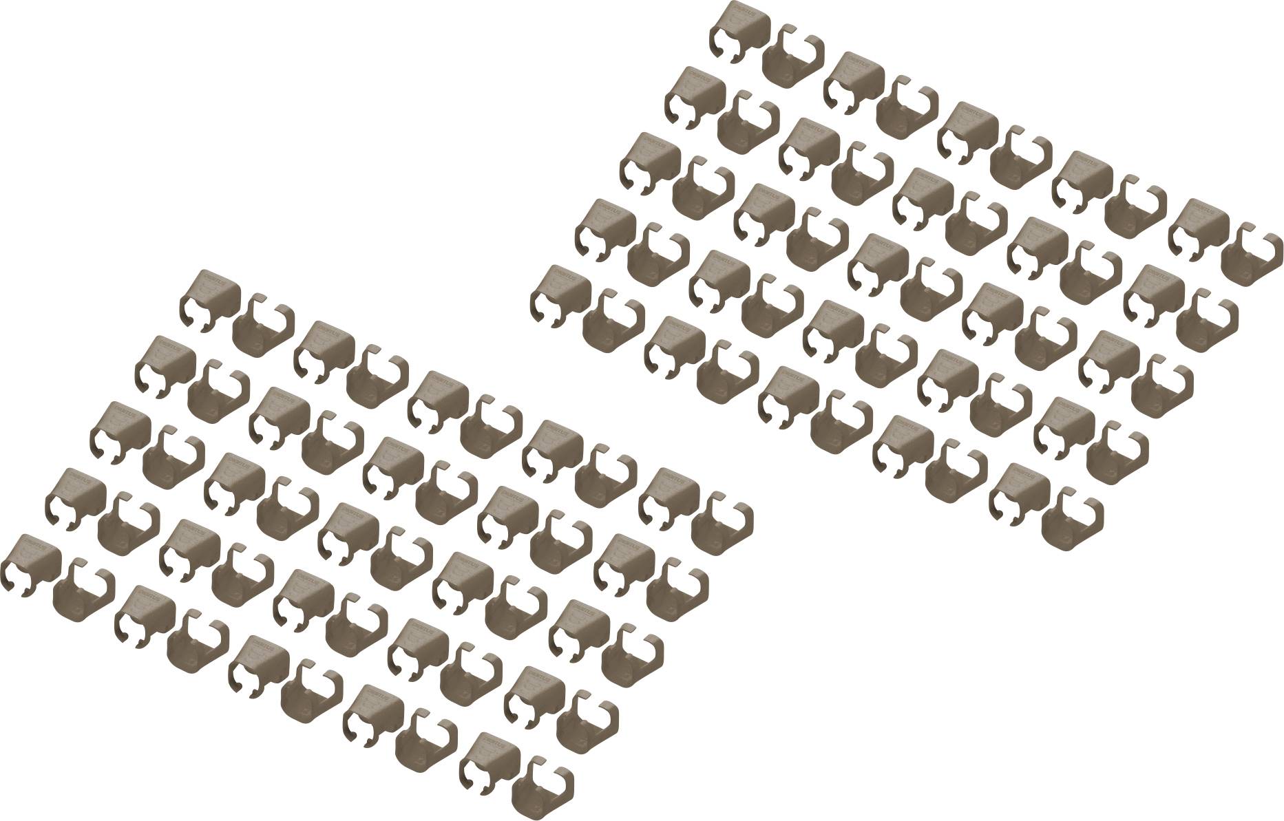 Zwei Sets von braunen Haken-Clips in rechteckigem Muster, jeweils mit 49 Clips pro Set, symmetrisch angeordnet.