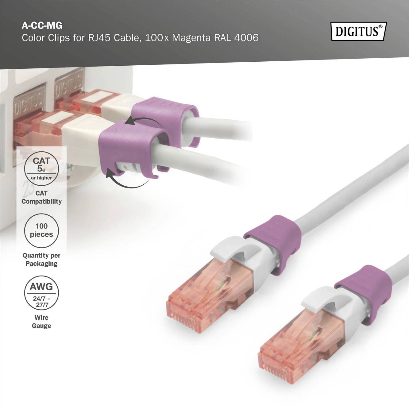 Ein Bild von RJ45-Kabeln mit violetten Clips, die 'Color Clips for RJ45 Cable, 100x Magenta RAL 4006' anzeigen. Markenname 'DIGITUS'.