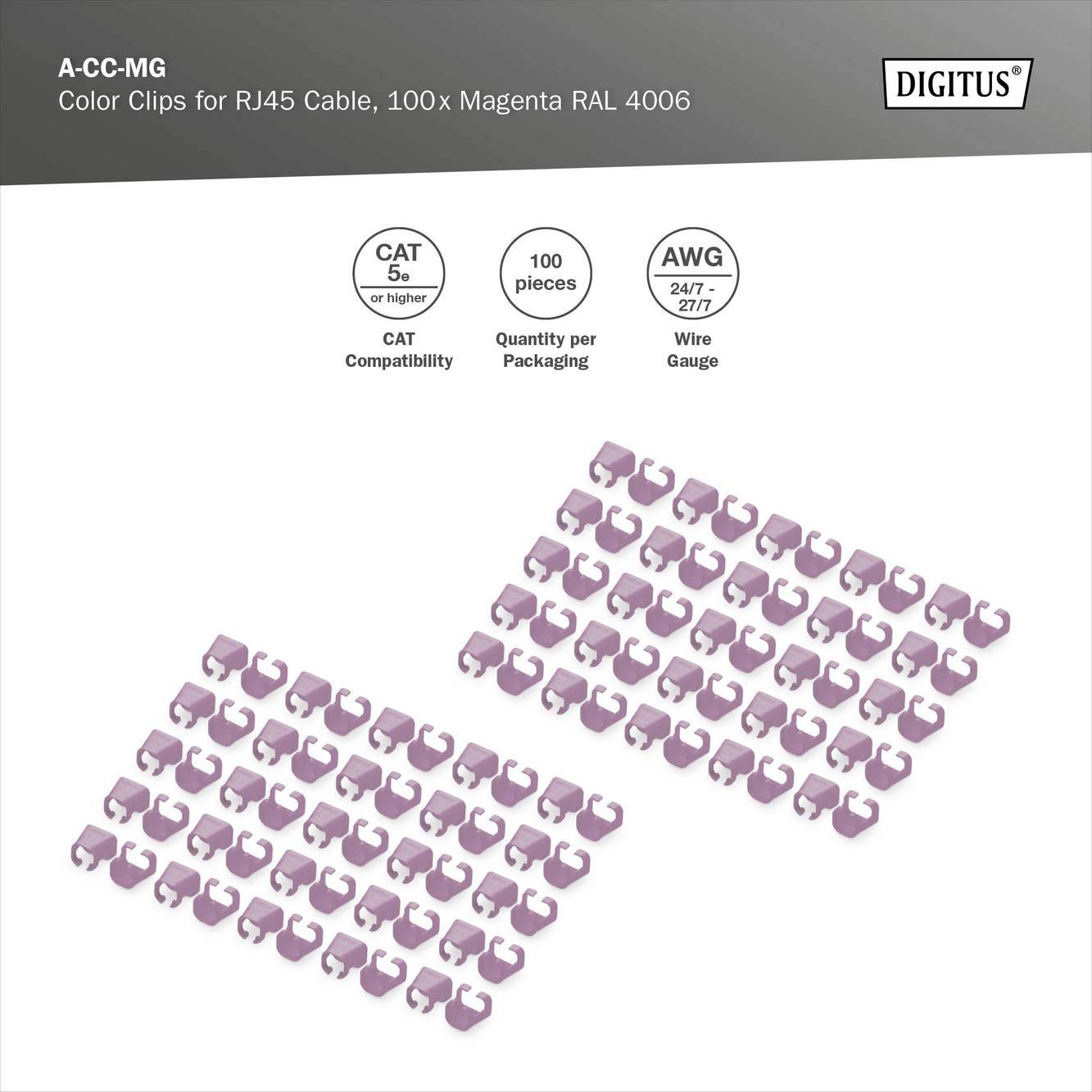 Farbige Clips für RJ45-Kabel, 100 Stück, Magenta RAL 4006, CAT5-kompatibel, AWG 24/7, Verpackungseinheit 100 Stück.