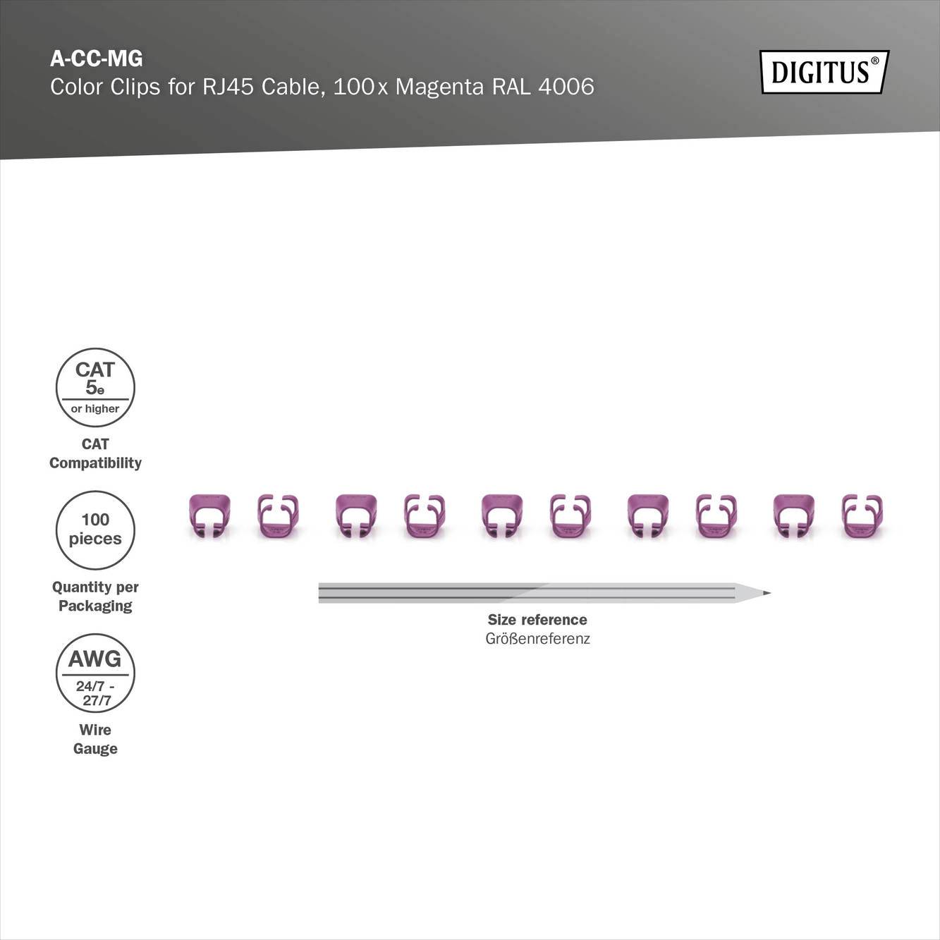 Zehn magentafarbene Kabelclips für RJ45-Kabel in einer Reihe, kompatibel mit CAT 5e/6, Verpackung mit 100 Stück, Drahtstärke AWG 24/7.