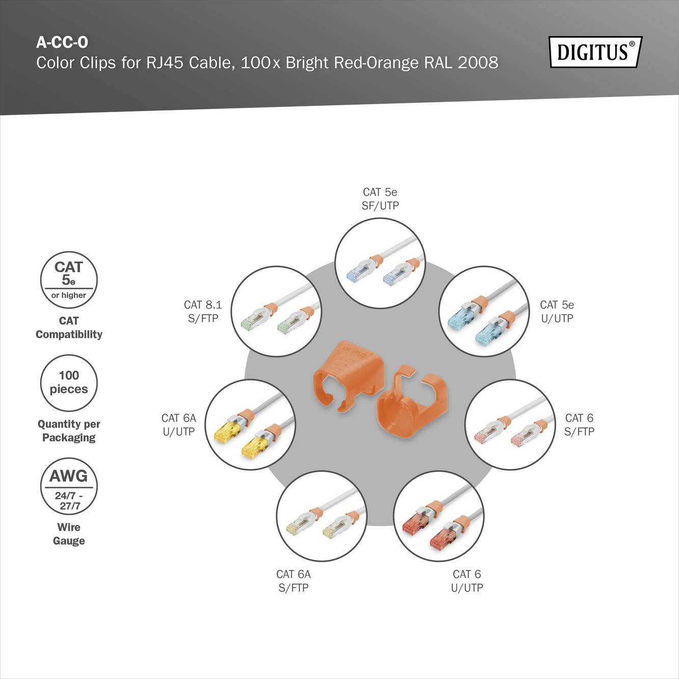 Digitus A-CC-O Patchkabel-Farbclips Orange 100St.