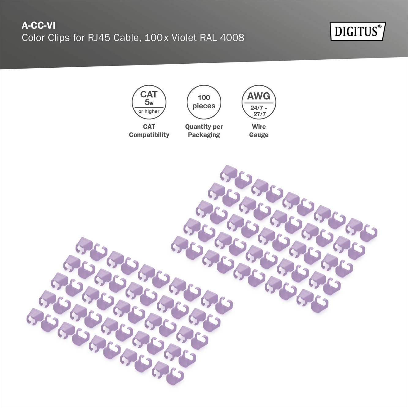 Bild zeigt violette Farbklemmen für RJ45-Kabel. 100 Stück pro Packung. Kompatibel mit CAT 5 oder höher. AWG 24/1-27/7.