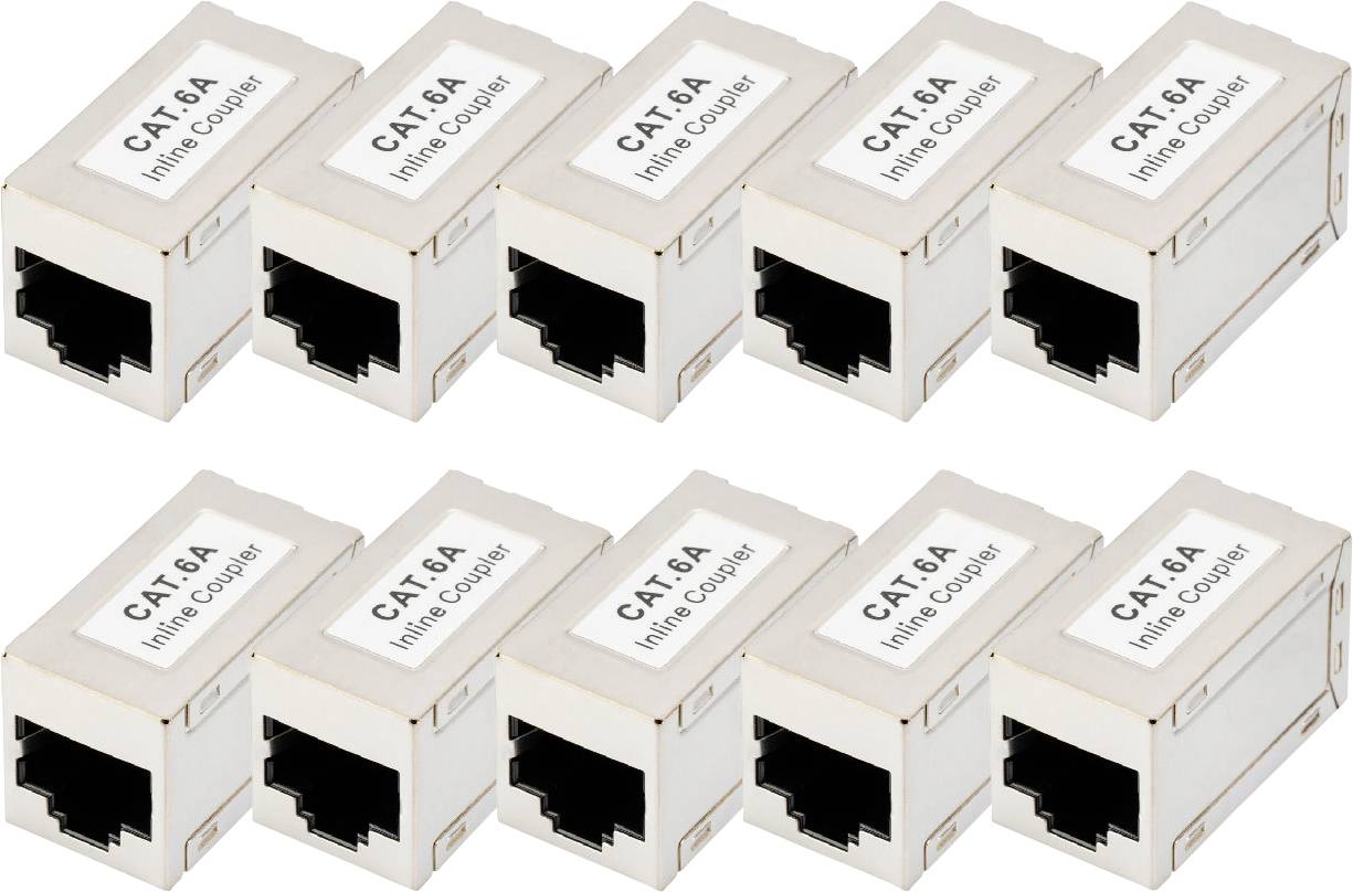 'CAT 6A Inline Coupler' – Zehn beige Netzwerk-Kuppler, die RJ45-Verbindungen ermöglichen, in zwei Reihen angeordnet.