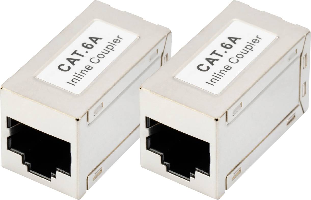 Zwei silberne CAT.6A Inline-Koppler, nebeneinander liegend, zum Verbinden von Ethernet-Kabeln.