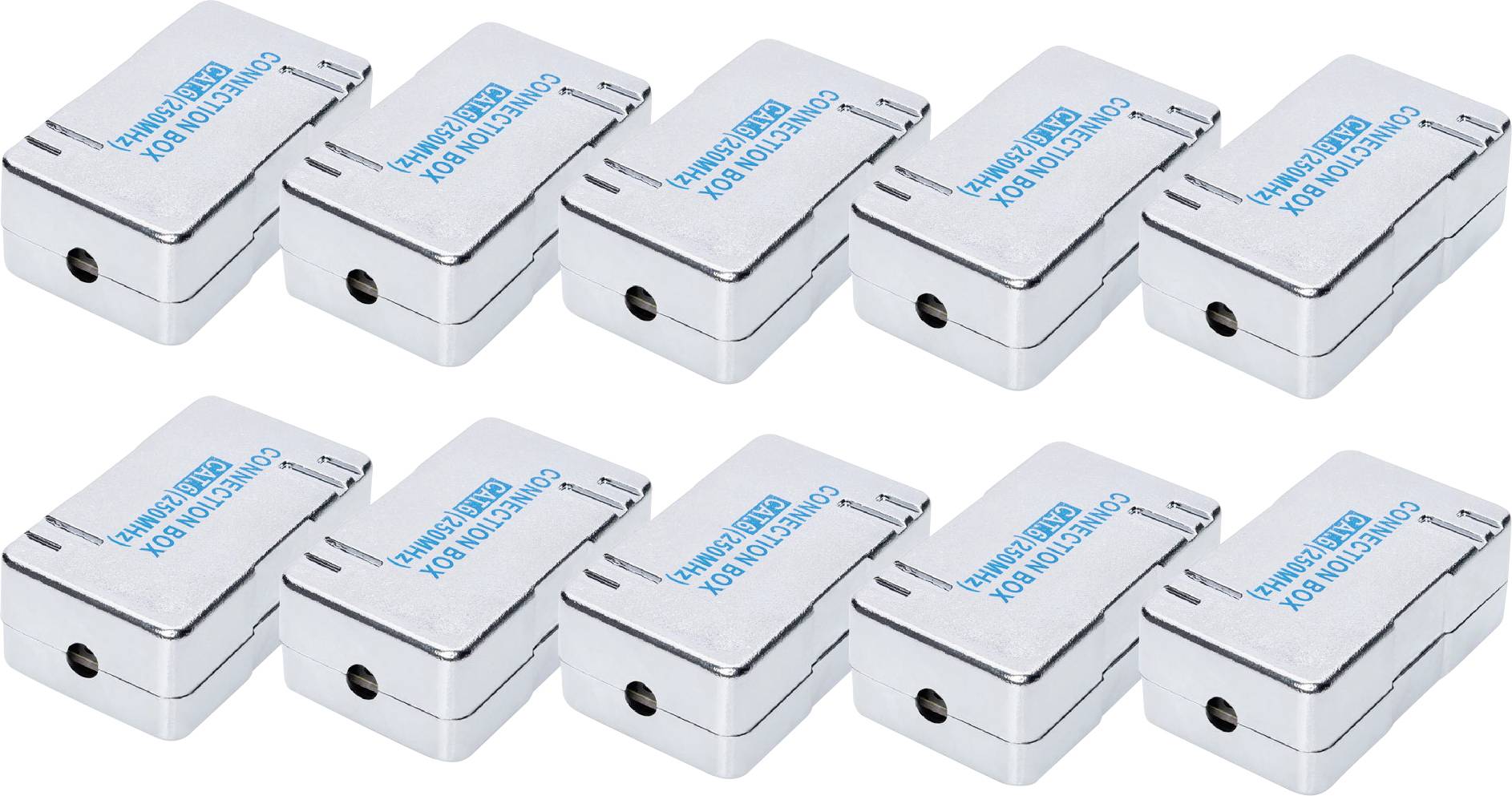 Acht identische silberne Metallkartenhalter mit blauer Aufschrift 'Bürowelt' und schwarzer Aufschrift 'Business Box'.