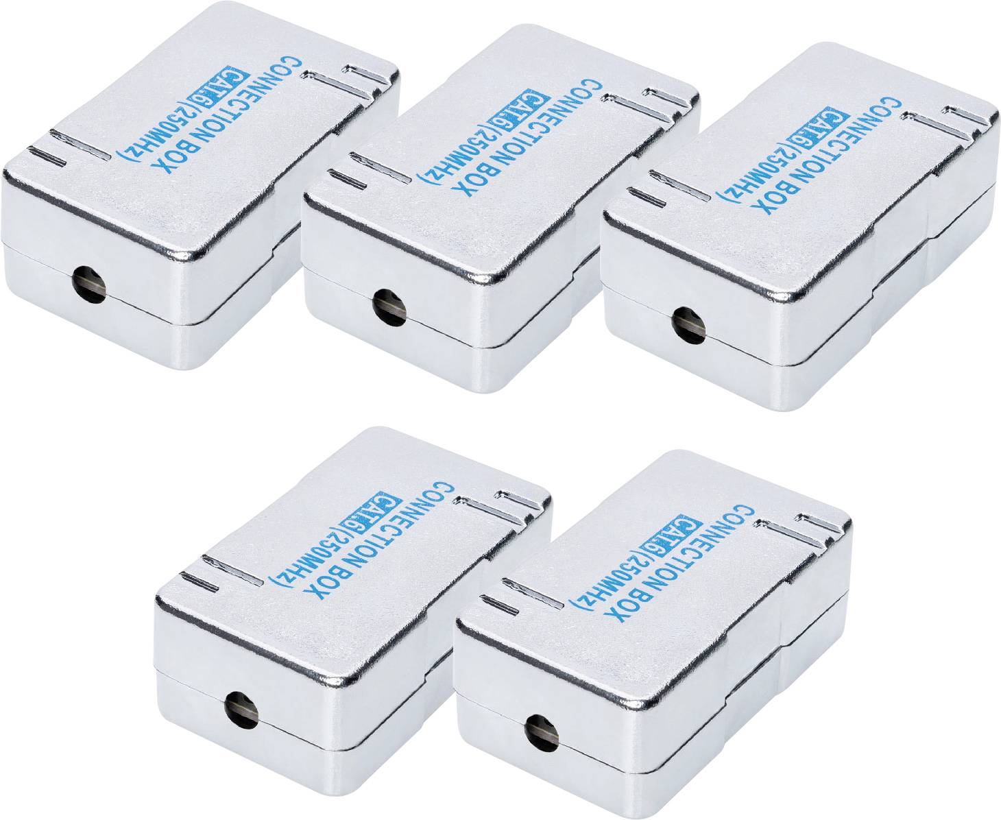 Fünf silberne Anschlussboxen mit blauer Aufschrift 'AVANTEK Connection Box'. Sie sind rechteckig und aus Metall.