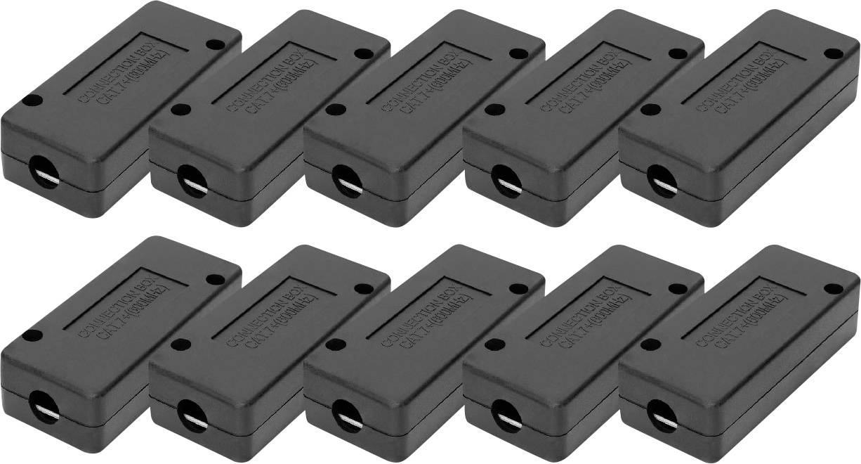 Mehrere schwarze Kunststoffgehäuse, rechteckig, mit Schraubverschluss, geeignet für elektronische Bauteile oder Verbindungen.