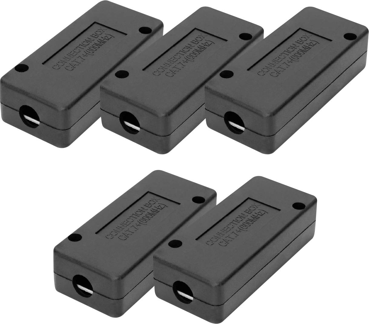 Fünf rechteckige schwarze Kunststoffgehäuse mit runden Öffnungen an den Enden, die als elektrische Verbindungskästen genutzt werden.