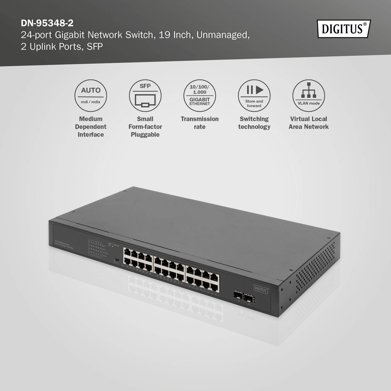 'Digitus DN-95348-2' Netzwerkschalter, 24-Port, Gigabit-Übertragung, 19 Zoll, nicht verwaltet, 2 Uplink-Ports, SFP-Unterstützung.