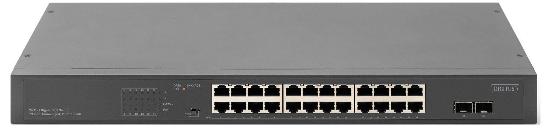 24-Port-Netzwerkswitch mit zwei zusätzlichen SFP-Ports auf der Vorderseite, geeignet für die Verteilung von Netzwerkverbindungen.