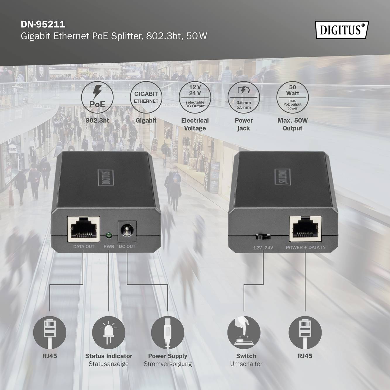 Gigabit Ethernet PoE Splitter für Netzwerkgeräte, unterstützt 802.3bt, 50 Watt, inkl. RJ45-Anschlüsse, Stromversorgungsstatus.