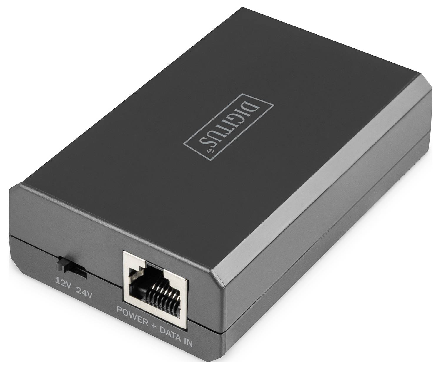 Ein schwarzes elektronisches Gerät mit der Aufschrift 'DICITUS'. Es hat Anschlüsse für 'Power' und 'Data' sowie einen Schalter für 12V oder 24V.