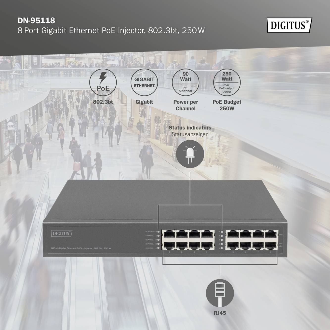Digitus DN-95118 PoE Injektor 10 / 100 / 1000MBit/s IEEE 802.3bt
