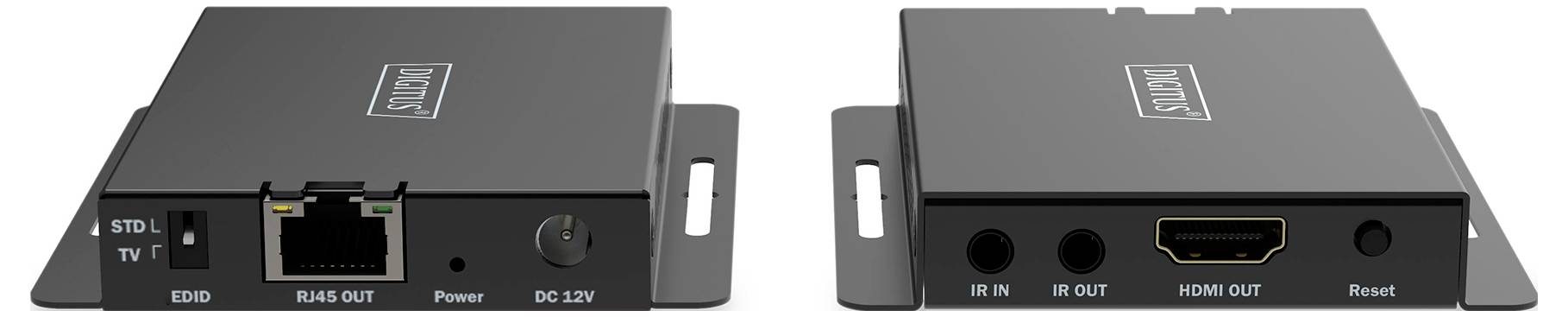 Zwei schwarze Medienkonverter mit verschiedenen Anschlüssen: Ethernet, HDMI, IR und Stromversorgung. Zur Signalübertragung verwendet.