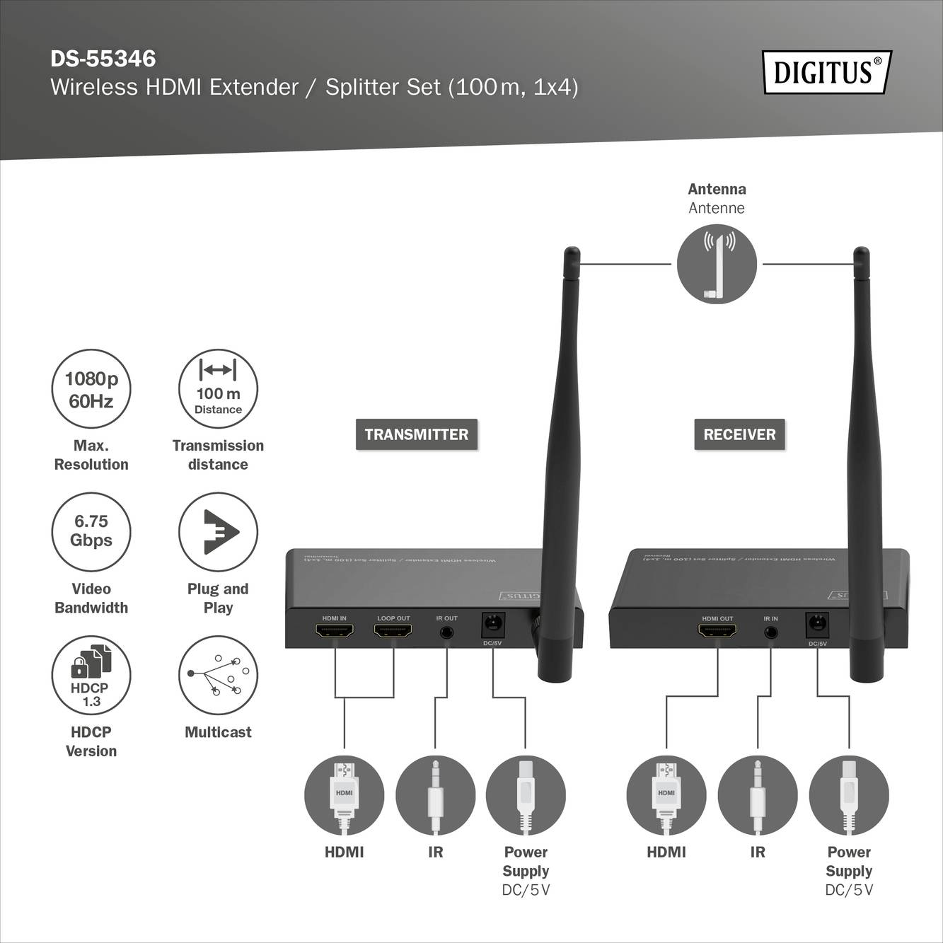 Digitus DS-55346 HDMI Extender 100m 5GHz 1920 x 1080 Pixel integrierte LED-Anzeige, mit Loop-Funktion, Sichere Funkübertragung