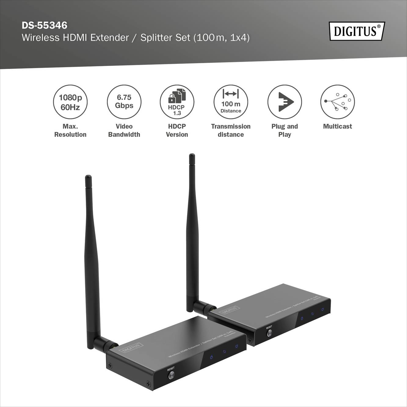 Digitus DS-55346 HDMI Extender 100m 5GHz 1920 x 1080 Pixel integrierte LED-Anzeige, mit Loop-Funktion, Sichere Funkübertragung