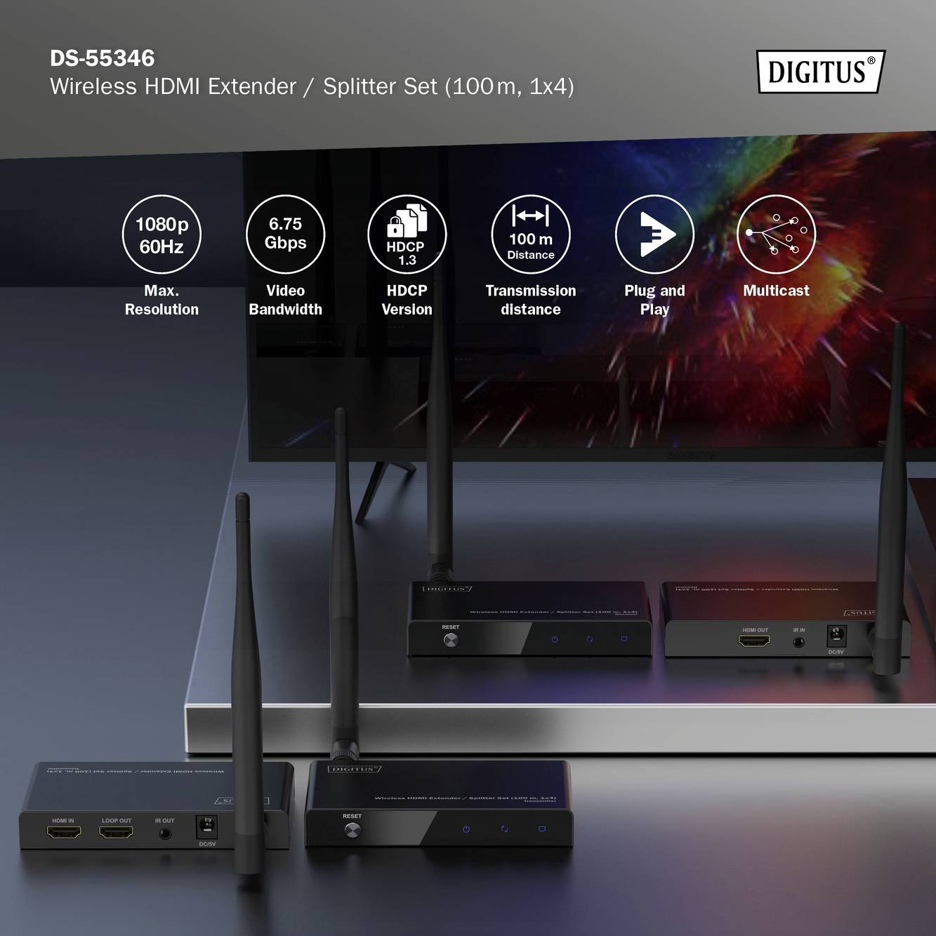 Digitus DS-55346 HDMI Extender 100m 5GHz 1920 x 1080 Pixel integrierte LED-Anzeige, mit Loop-Funktion, Sichere Funkübertragung