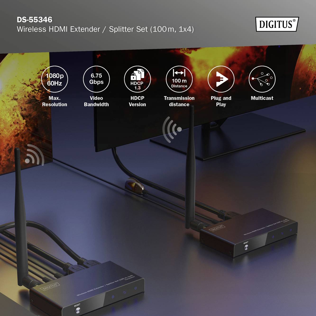 Digitus DS-55346 HDMI Extender 100m 5GHz 1920 x 1080 Pixel integrierte LED-Anzeige, mit Loop-Funktion, Sichere Funkübertragung