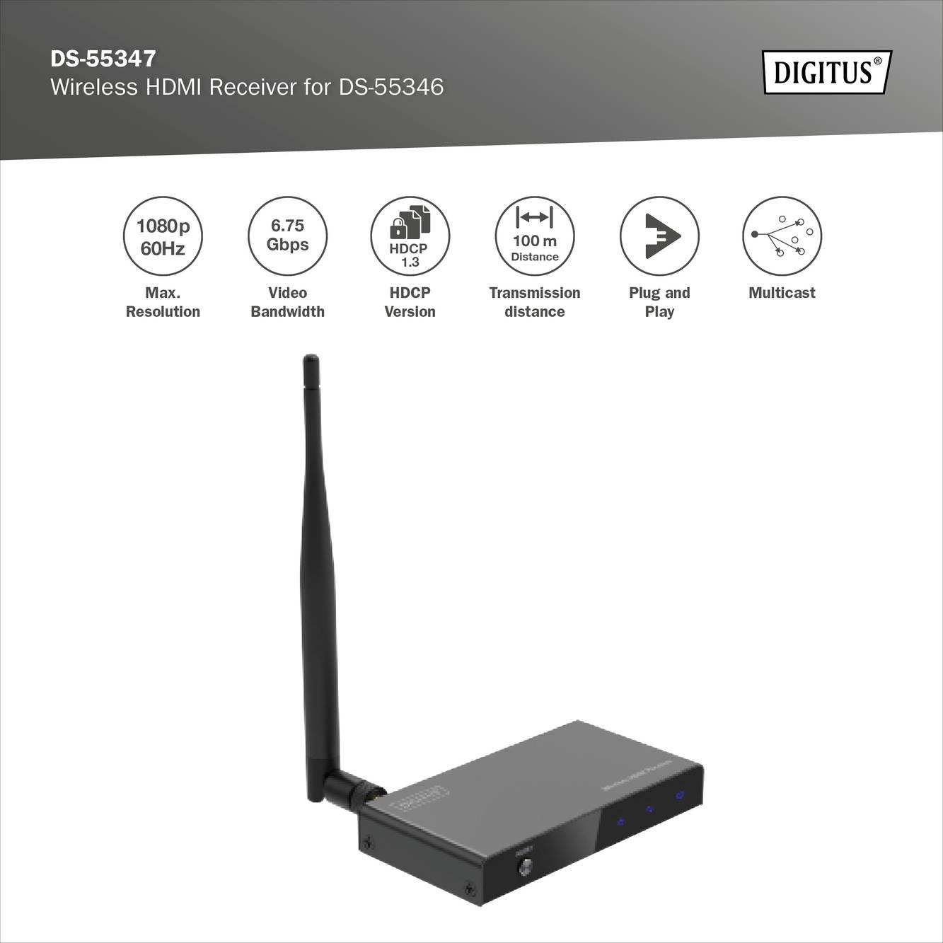 Digitus DS-55347 HDMI Empfänger 100m 5GHz 1920 x 1080 Pixel integrierte LED-Anzeige, mit Loop-Funktion, Sichere Funkübertragung