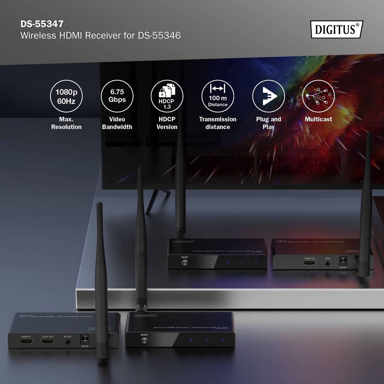 Digitus DS-55347 HDMI Empfänger 100m 5GHz 1920 x 1080 Pixel integrierte LED-Anzeige, mit Loop-Funktion, Sichere Funkübertragung