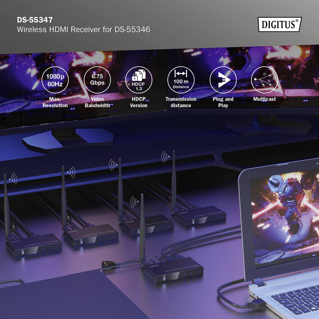 Digitus DS-55347 HDMI Empfänger 100m 5GHz 1920 x 1080 Pixel integrierte LED-Anzeige, mit Loop-Funktion, Sichere Funkübertragung