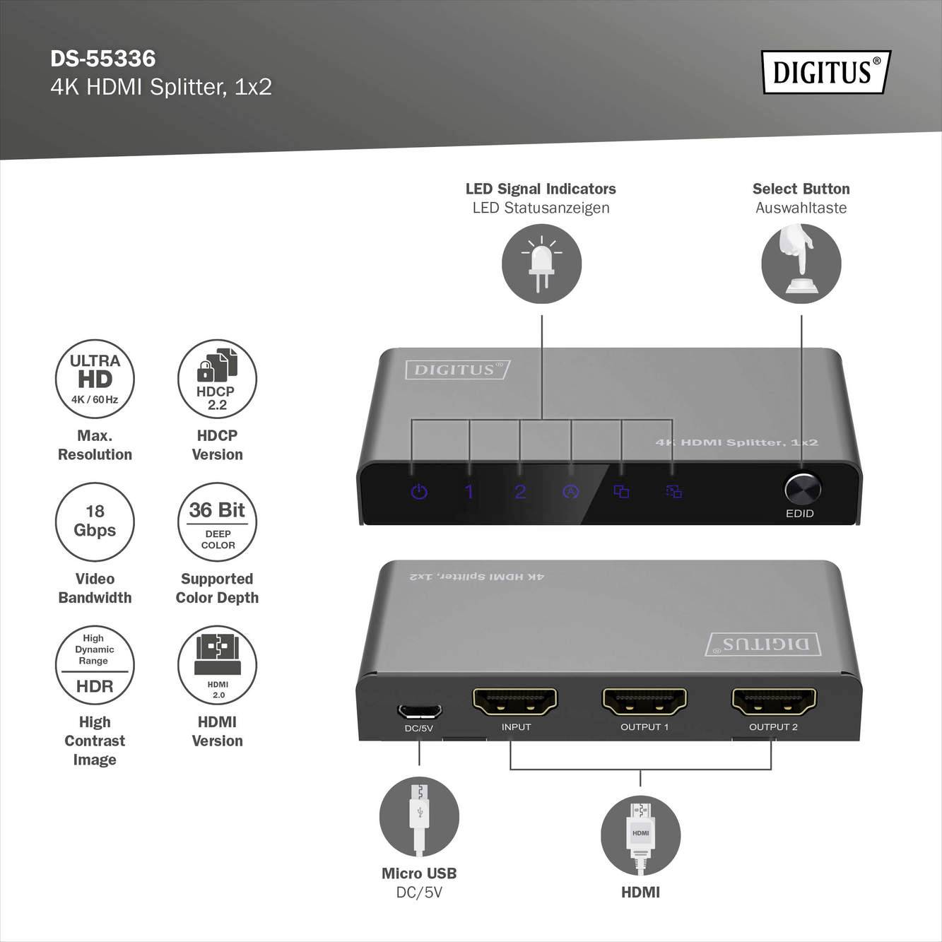 Digitus DS-55336 1+2 Port HDMI-Splitter LED-Anzeige, mit Status-LEDs, Metallgehäuse, einzeln schaltbar, Ultra HD-fähig 3840