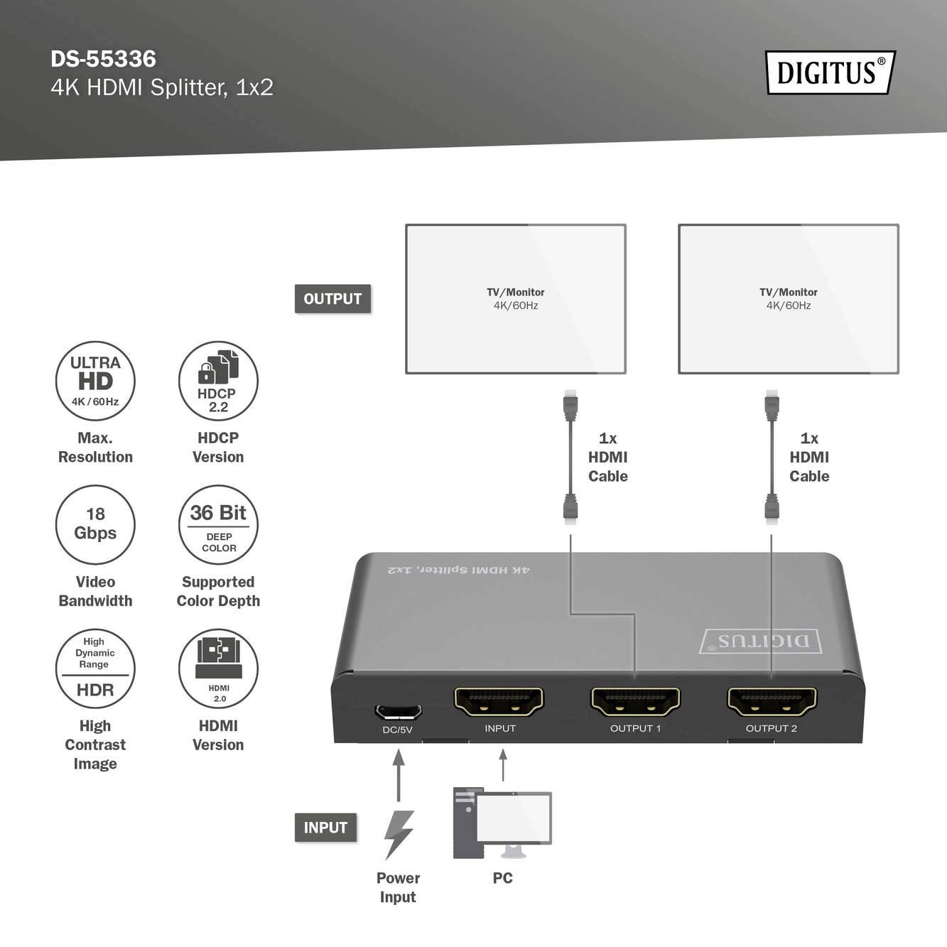 Digitus DS-55336 1+2 Port HDMI-Splitter LED-Anzeige, mit Status-LEDs, Metallgehäuse, einzeln schaltbar, Ultra HD-fähig 3840