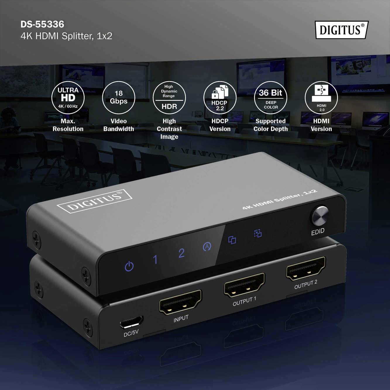 Digitus DS-55336 1+2 Port HDMI-Splitter LED-Anzeige, mit Status-LEDs, Metallgehäuse, einzeln schaltbar, Ultra HD-fähig 3840