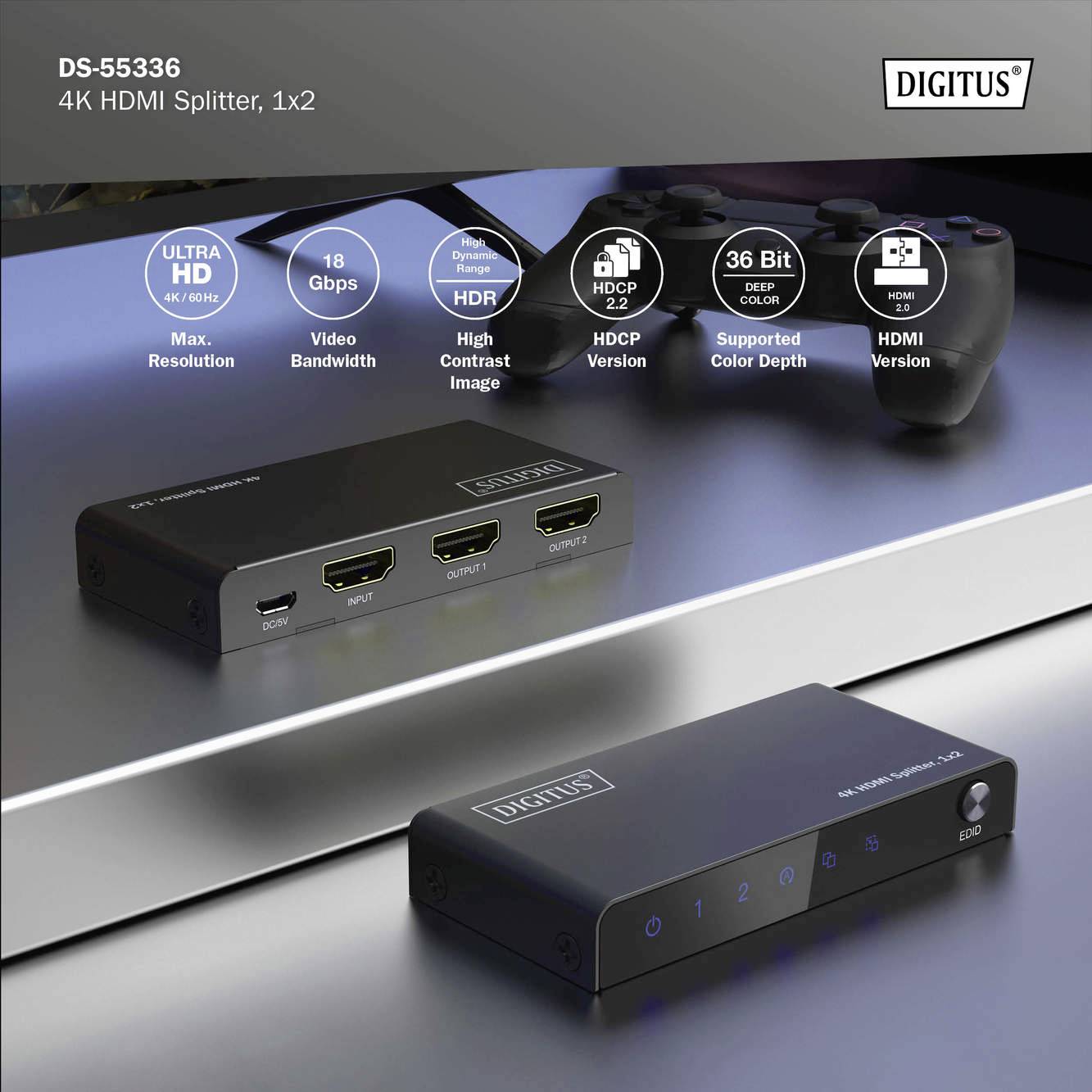 Digitus DS-55336 1+2 Port HDMI-Splitter LED-Anzeige, mit Status-LEDs, Metallgehäuse, einzeln schaltbar, Ultra HD-fähig 3840