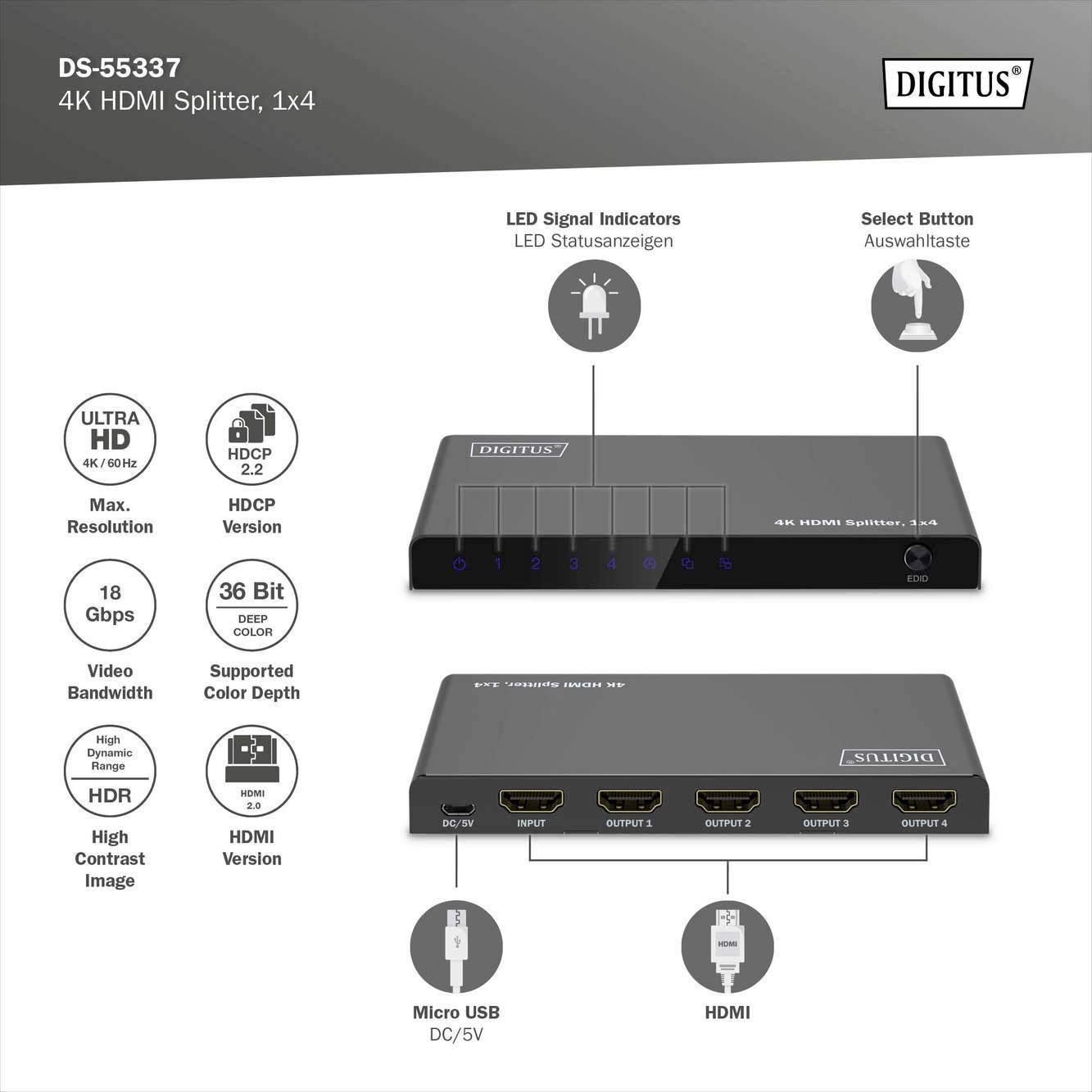 Digitus DS-55337 1+4 Port HDMI-Splitter LED-Anzeige, mit Status-LEDs, Metallgehäuse, einzeln schaltbar, Ultra HD-fähig 3840