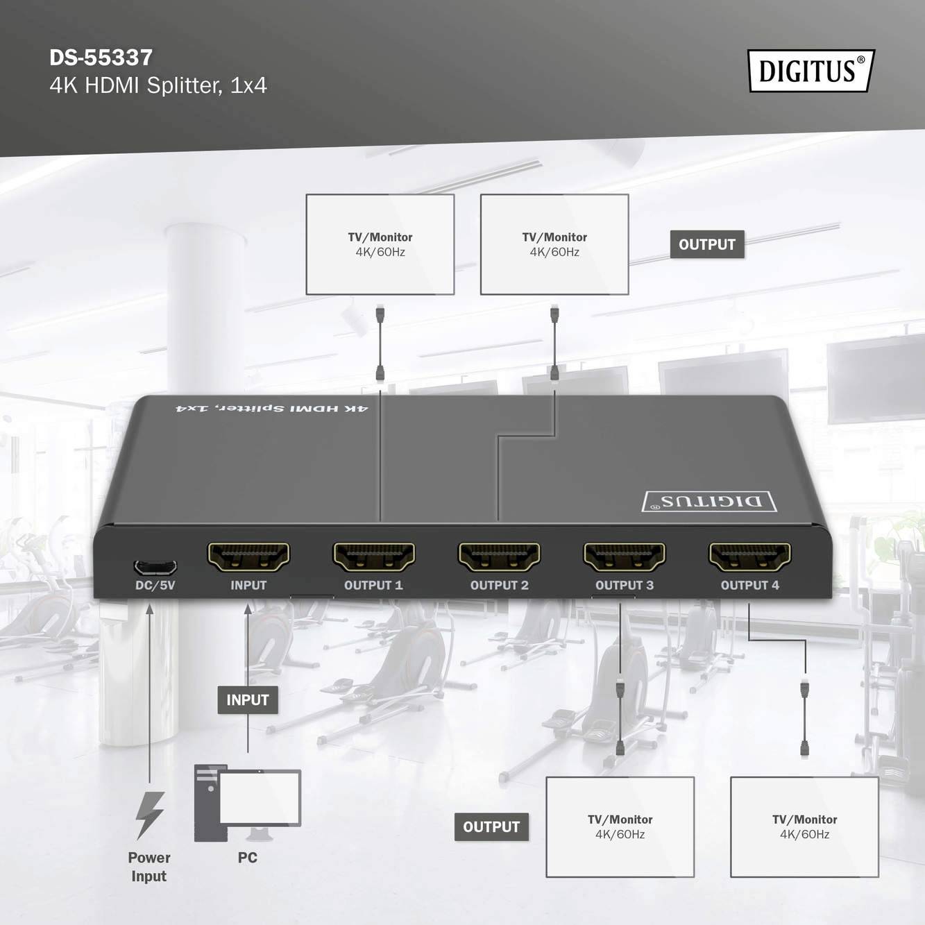Digitus DS-55337 1+4 Port HDMI-Splitter LED-Anzeige, mit Status-LEDs, Metallgehäuse, einzeln schaltbar, Ultra HD-fähig 3840