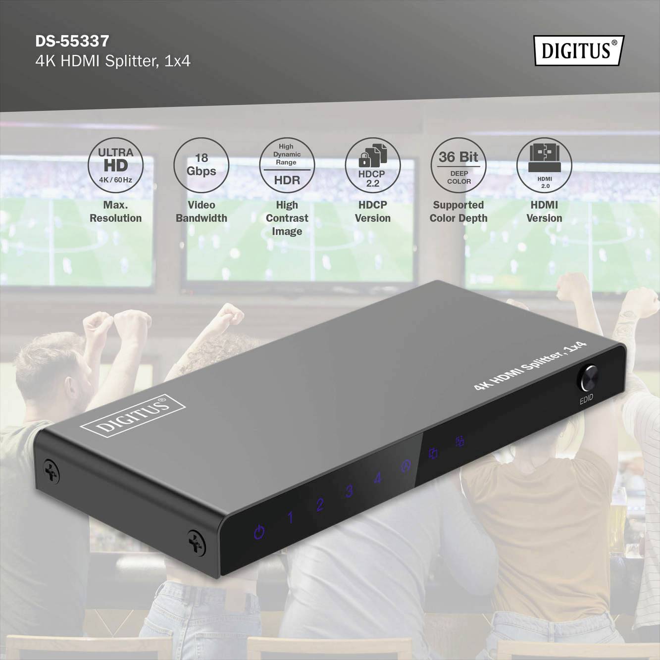 Digitus DS-55337 1+4 Port HDMI-Splitter LED-Anzeige, mit Status-LEDs, Metallgehäuse, einzeln schaltbar, Ultra HD-fähig 3840