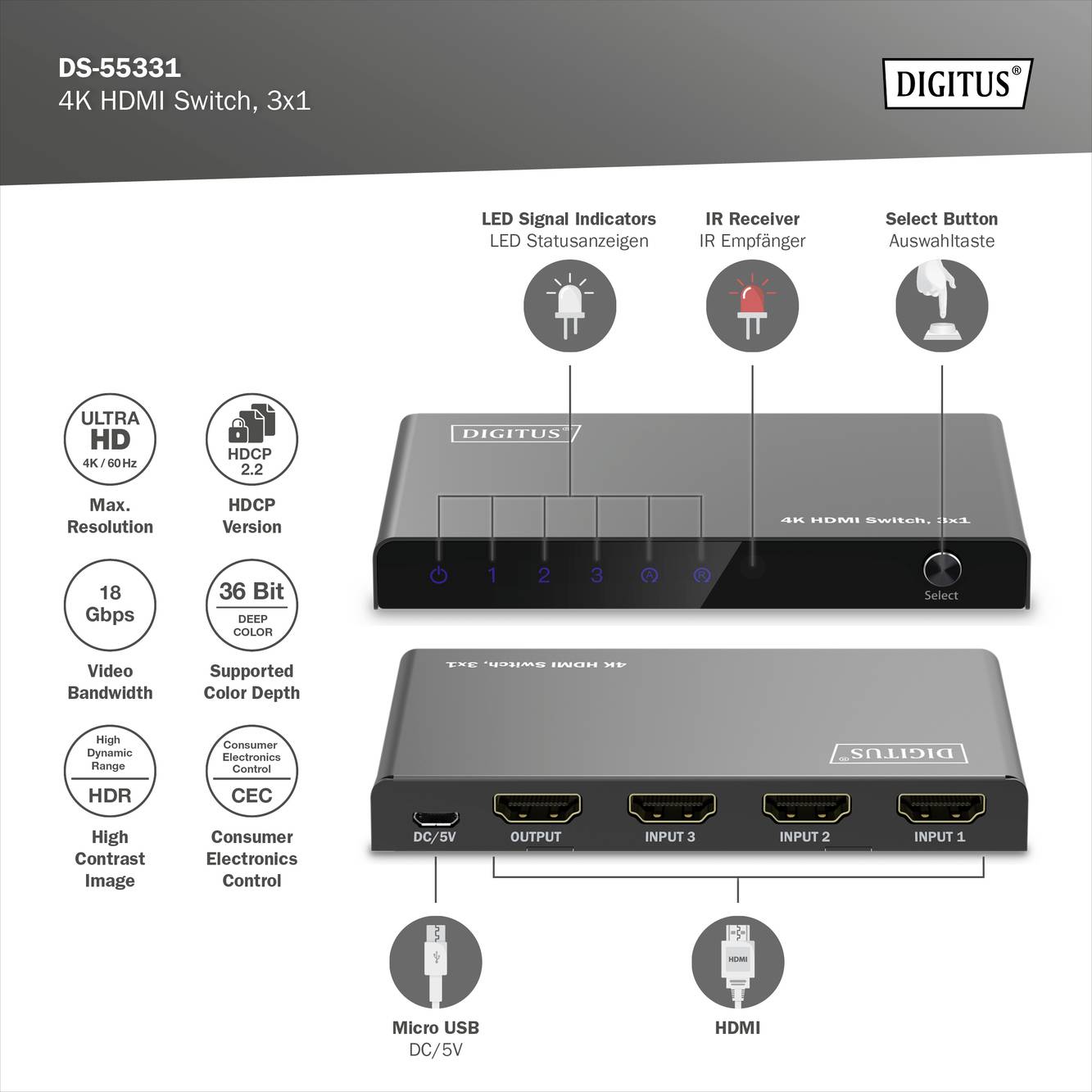 Digitus DS-55331 3+1 Port HDMI-Switch LED-Anzeige, mit Fernbedienung, Ultra HD-fähig, Metallgehäuse, einzeln schaltbar, mit