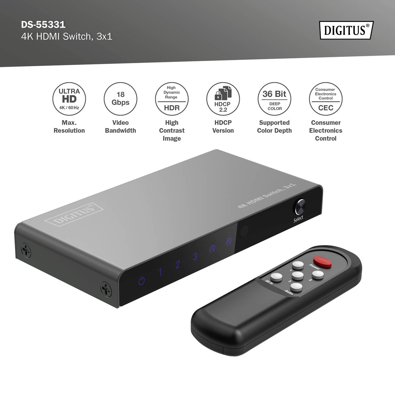 Digitus DS-55331 3+1 Port HDMI-Switch LED-Anzeige, mit Fernbedienung, Ultra HD-fähig, Metallgehäuse, einzeln schaltbar, mit