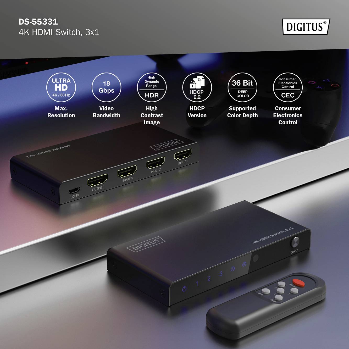 Digitus DS-55331 3+1 Port HDMI-Switch LED-Anzeige, mit Fernbedienung, Ultra HD-fähig, Metallgehäuse, einzeln schaltbar, mit