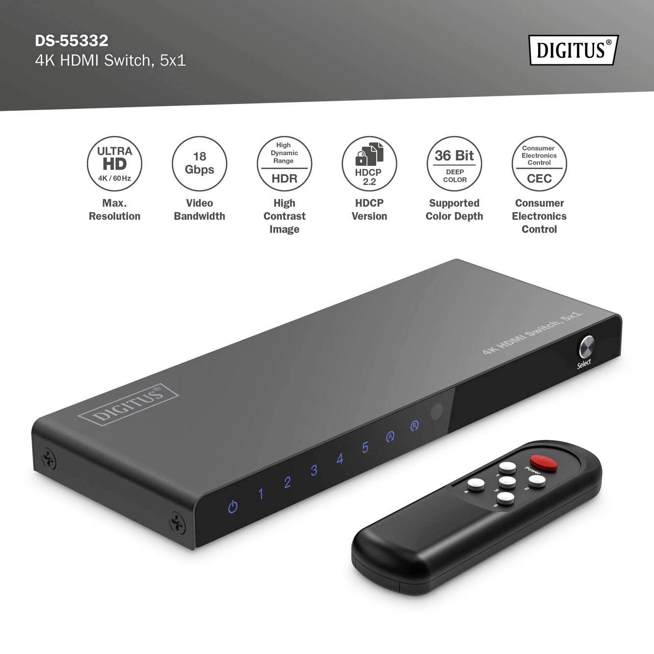 Digitus DS-55332 1+5 Port HDMI-Switch LED-Anzeige, mit Fernbedienung, Ultra HD-fähig, Metallgehäuse, einzeln schaltbar, mit