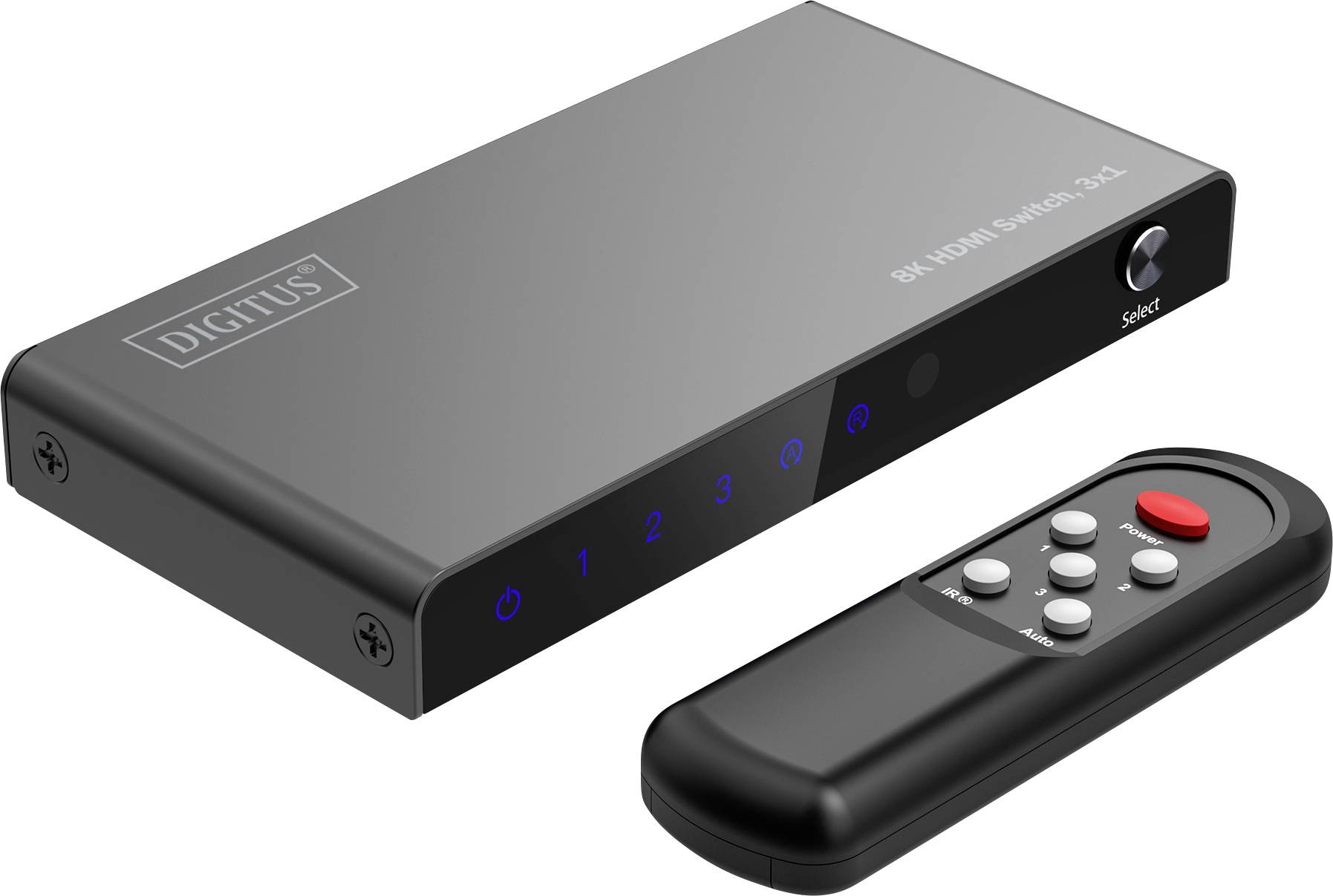 Digitus DS-55333 3+1 Port HDMI-Switch LED-Anzeige, mit Fernbedienung, Ultra HD-fähig, Metallgehäuse, einzeln schaltbar, mit