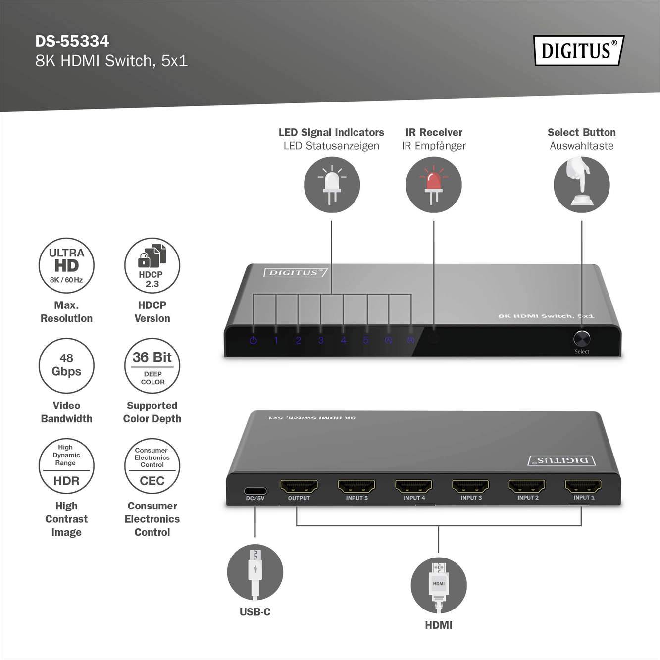 Digitus DS-55334 1+5 Port HDMI-Switch LED-Anzeige, mit Fernbedienung, Ultra HD-fähig, Metallgehäuse, einzeln schaltbar, mit