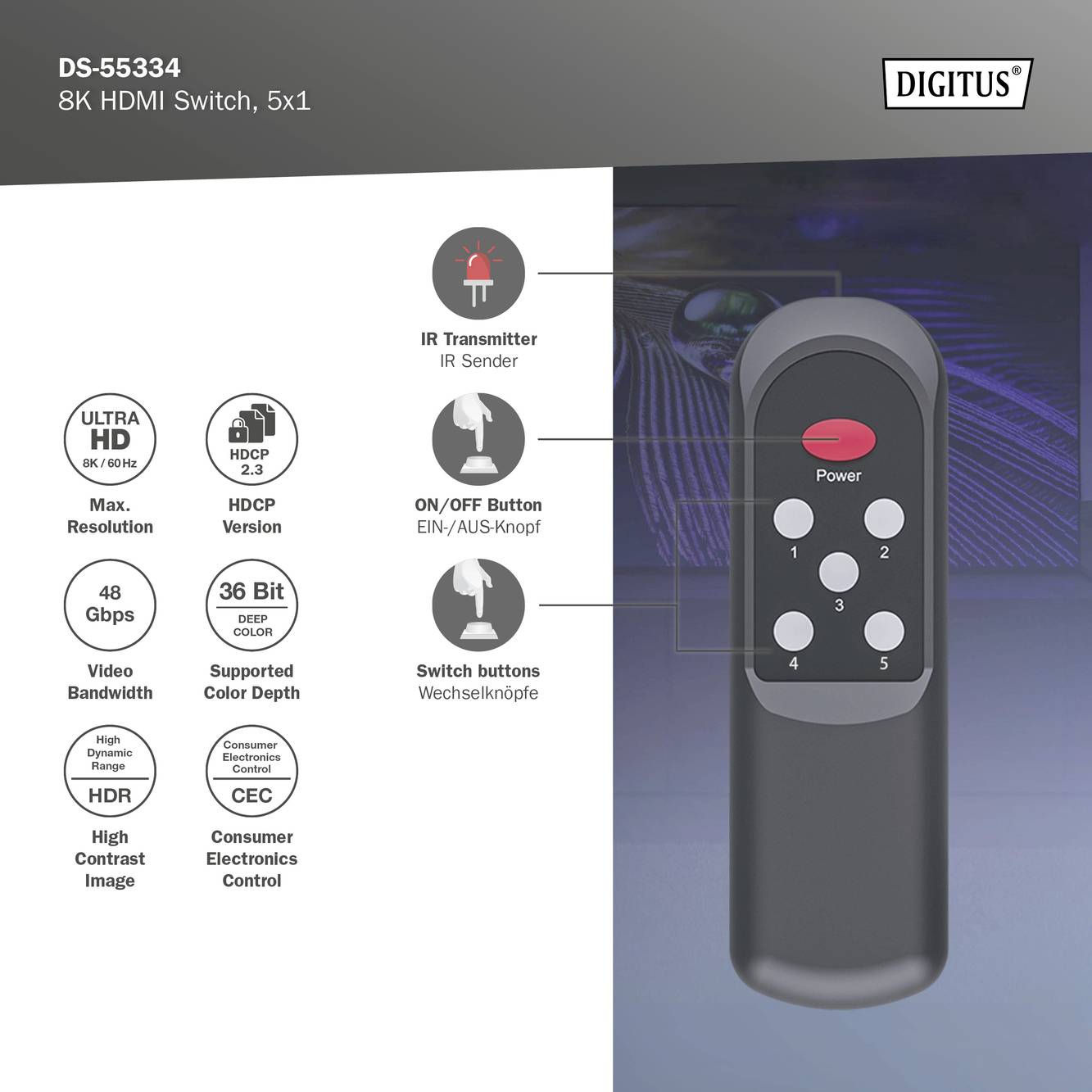 Digitus DS-55334 1+5 Port HDMI-Switch LED-Anzeige, mit Fernbedienung, Ultra HD-fähig, Metallgehäuse, einzeln schaltbar, mit